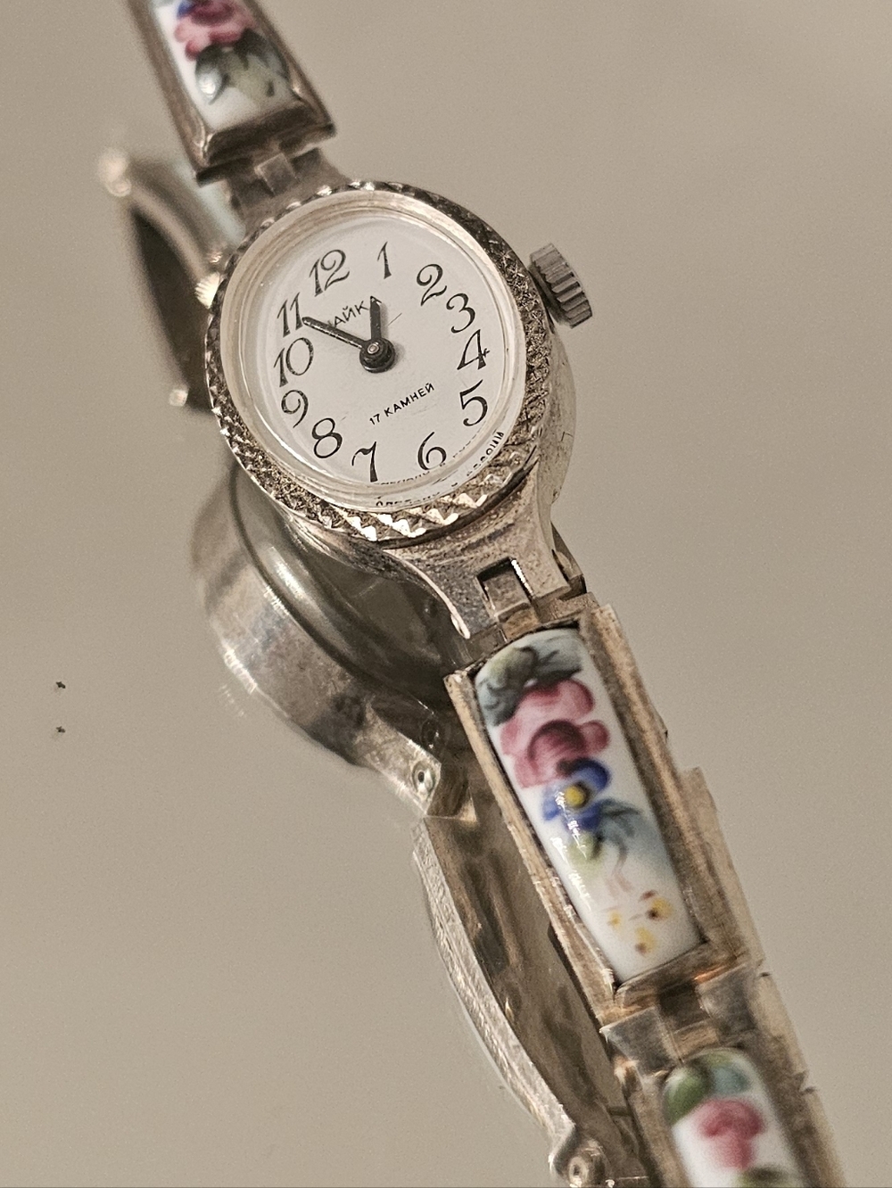 Vintage Chaika Silver Floral Enamel Women's Bracelet Watch